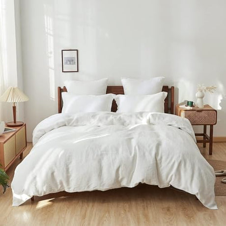 Simple&Opulence 100% Linen Duvet Cover Set, 3 PCS Natural French Flax White Duvet Cover Queen Size, Breathable Soft Comfy Linen Bedding Comforter Cover with 2 Pillowcases(White, 88"x92") Simple&Opulence