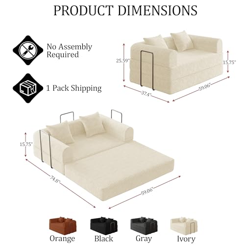 HouseMila 59" Boneless Couch,4-in-1 Futon Sofa Bed Modular Loveseat Sleeper Folding Compressed Couch with Pillows,No Assembly Required Convertible Sofa Bed for Living Room Bedroom Guest Room,Beige HouseMila