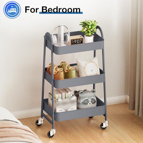 OLIXIS Metal 3 Tiers Utility Rolling Cart, Mobile Storage Shelf with Lockable Caster Wheels, Organization for Livingroom, Bathroom & Narrow Places, Gray