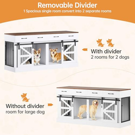 SELOOYE Dog Crate Furniture for 2 Dogs 71'' Extra Large Wooden Double Dog Crate TV Stand with Removable Divider, Multi-Functional Dog Cage with 4 Storage Drawers & 4 Doors for Large & Medium Dogs SELOOYE