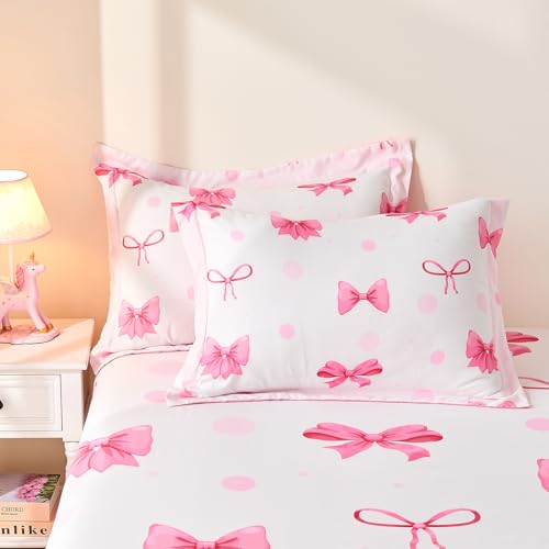 Wajade 7 Piece Pink Bow Bedding Set for Girls Kids Twin Size Comforter Set with Sheet and 2 Pillowcases 2 Pillow Shams Cute Girls Bed in a Bag as Birthday Choice Wajade