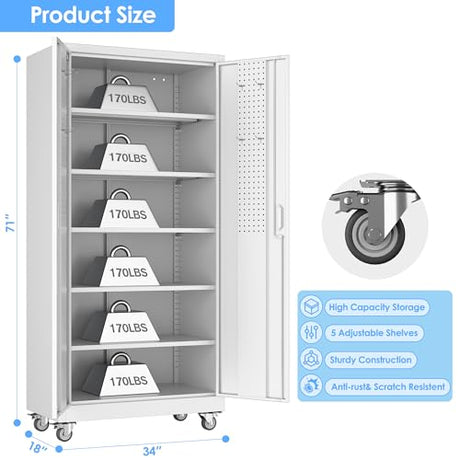 Aobabo Upgraded Garage Storage Cabinets with Wheels,Metal Storage Cabinets with 5 Adjustable Shelves for Garage Home Office Storage,White,71''H*34''W*18''D,Assembly Required Aobabo
