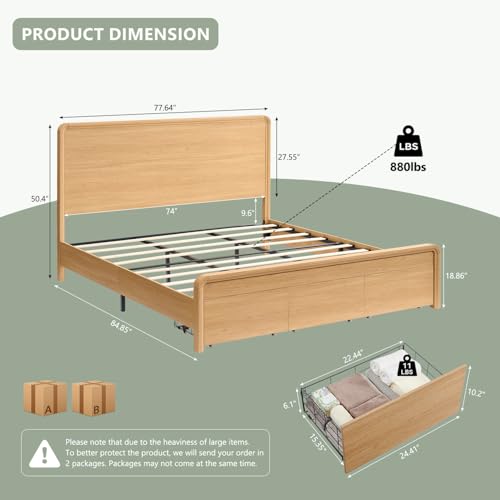 Aitjunz Modern King Size Bed Frame with 50" Tall Headboard, Wood King Size Platform Bed Frame w/3 Storage Drawers, Curved Profile Design, Wood & Steel Platform Bed, No Box Spring Needed, Natural Oak Aitjunz