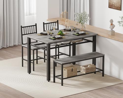 GarveeHome Modern Dining Table Set for 4, Kitchen Table for 4 with Chairs &Storage Bench,47 "Rectangular Dining Room Set with Bench,4 Piece Kitchen Table Set for Small Space/Apartment(Gray) GarveeHome