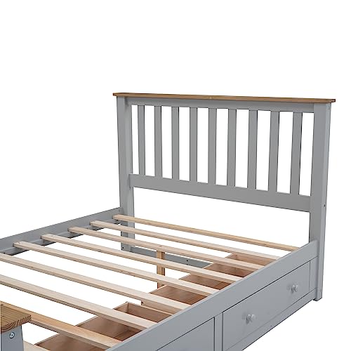 Harper & Bright Designs Full Bed with 2 Storage Drawers, Solid Wood Full Size Platform Bed with Headboard and Footboard, Full Size Bed Frame for