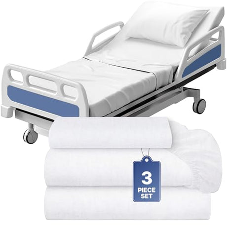 3 Piece Hospital Bed Sheet Set, Soft Jersey Knitted T-Shirt Quality, 1 Flat, 1 Fitted, 1 Pillowcase White Classic