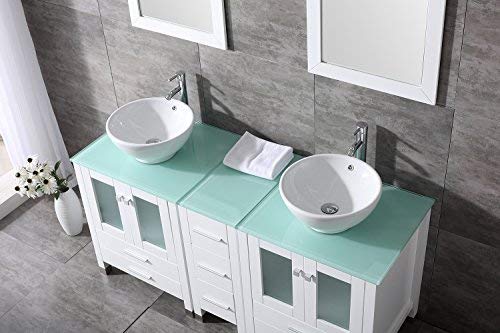 wonline 60" White Double Wood Bathroom Vanity Cabinet and Round Ceramic Sink w/Mirror Combo Wash Basin with Faucet (Round Bowl) wonline