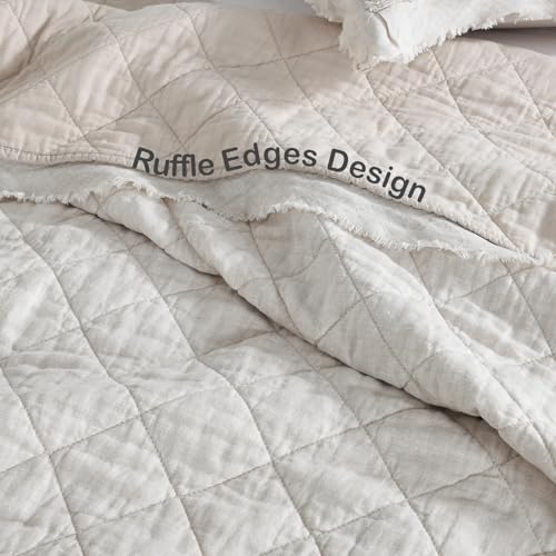 HORIMOTE HOME 100% Linen Front/100% Cotton Back Quilt Set King Size, Beige Pre-Washed European Flax Linen Quilt, Diamond Stitch Bedspread Coverlet Bedding Set 3-Piece for All Seasons HORIMOTE HOME