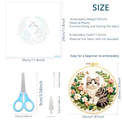 Zhenqing Gray Cat Embroidery Kit for Beginners, Pre-Printed 29x29cm Cotton Fabric with 20cm Hoop, Cute Striped Cat in Floral Wreath Design (C0245)