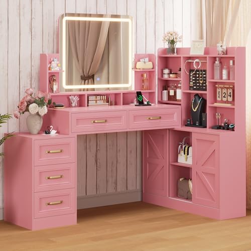Dnxao Makeup Vanity with Mirror and Lights,Vanity Desk with Lights & 5 Drawers,Makeup Desk with Charging Station & Cabinets Adjustable Width, Modern Dressing Table for Bedroom,Pink Dnxao