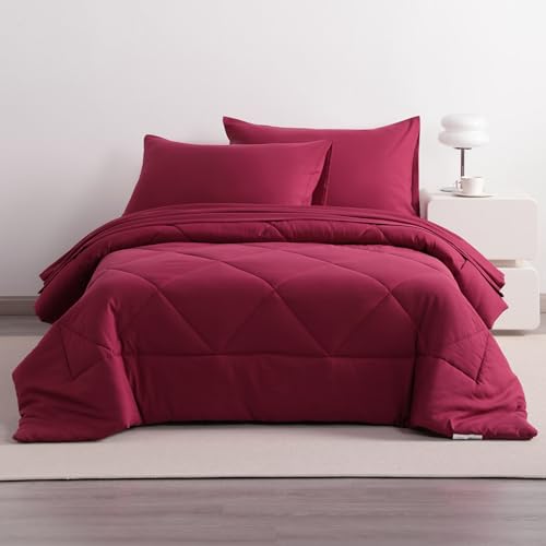 NTBAY Twin Comforter Set with Sheets, 5 Pieces Soft and Breathable Twin Bedding Set, Twin Bed in a Bag, Down Alternative Comforter Set Solid Color All Season, Kids Bedding Set, Wine Red NTBAY