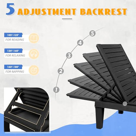 NBYSGO Outdoor Lounge Chairs Set of 2, 5-Position Adjustable Tanning Chairs with Wood Grain, All-Weather Resin Patio Recliners for Pool, Garden, Deck, Beach, Patio Lounge Chairs, Texture Black NBYSGO