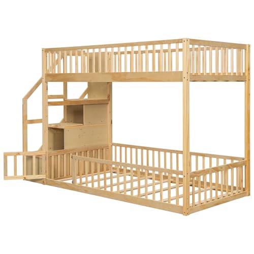 Merax Twin Over Twin Floor Bunk Bed with Storage Ladder and Guardrails, Wood Twin Bunk Bed for Kids Teens Adult, Natural Merax
