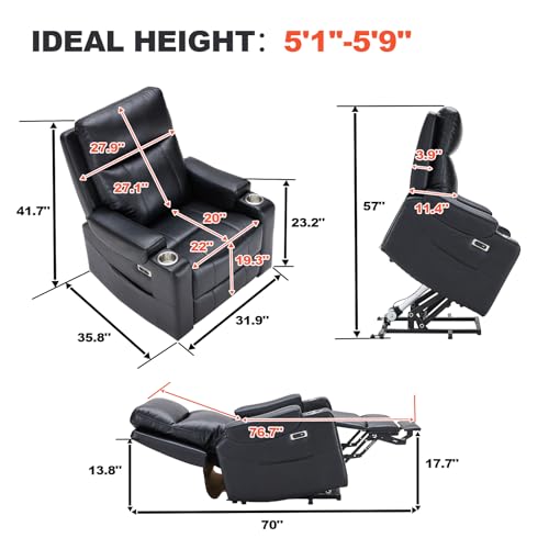 Eiayeebil Triple Motor Power Lift Recliner Chair with Adjustable Lumbar Support, Lay Flat Recliner for Elderly, Breathable Black Lift Chair Leather Recliner, Massage & Heating, USB Ports, Cup Holders Eiayeebil