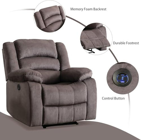 EBELLO Classic Power Recliner Chair, Oversized Electric Overstuffed Reclining Chair with Soft Cushion and Back, Sofa with Comfortable Armchair, Brown EBELLO