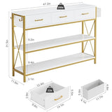 HITHOS 47.2" Console Table with 3 Drawers, Narrow Long Entryway Table with 3-Tier Storage Shelves, Industrial Sofa Foyer Table for Living Room, Hallway, Entry Way, Foyer, Kitchen, White/Gold HITHOS