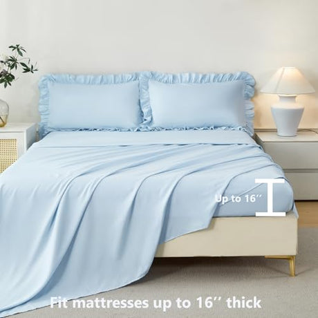 ANGIYUIN 5Pcs Queen Ruffle Comforter Sets Light Blue Double-Layer Ruffled Bedding Sets Vintage Farmhouse Bed Sets Solid Elegance Ruched Bed in A Bag for Women(Light Blue Queen) ANGIYUIN