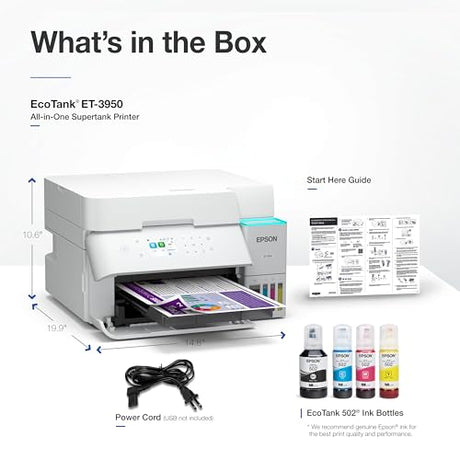 Epson EcoTank ET-3950 Wireless All-in-One Color Supertank Printer with up to 3 Years of Ink Refillable Tanks, Perfect for Home Office, 18 PPM, 2.4" Colorful Touchscreen, Auto Document Feeder - White Epson