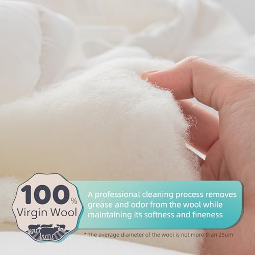100% Wool Comforter Summer Lightweight Duvet Insert Noiseless Pure Cotton Shell Comforter Temperature Regulation Breathable Comfortable Wool Bedding for Luxurious Sleep Queen Size Molithe
