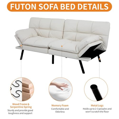 MUUEGM 71-Inch Convertible Futon Sofa Bed with Adjustable Backrest & Removable Armrests, Foldable Sleeper Loveseat for Small Space Living Room, Studio Apartment, Home Office，White MUUEGM
