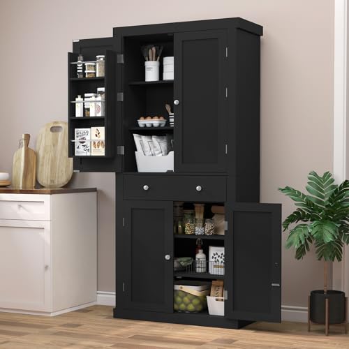 FIONESO 72” Pantry Cabinet, Tall Storage Cabinet with 6 Hanging Shelves & 1 Large Drawer, Kitchen Pantry Cabinet with Adjustable Shelf, for Dinging Room, Living Room, Black FIONESO
