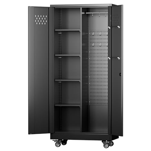 GLADIW Garage Storage Cabinet, Metal Storage Cabinet with Lockable Doors and 4 Adjustable Shelves, Tool Cabinet with Wheels and Pegboards for Garages, Offices, Kitchens, Gyms and Pantries, Bl - WoodArtSupply