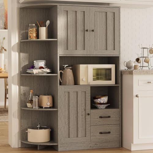 Gizoon 60.4" Farmhouse Kitchen Pantry Storage Cabinet with Doors and Adjustable Shelves, Large Kitchen Hutch with Drawers, Freestanding Cupboard for Dining Room, Living Room, Grey - WoodArtSupply