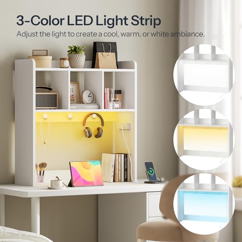 HOOBRO Desktop Bookshelf, Office Desktop Shelf, Desk Hutch with Outlets, Wooden Office Desktop Bookcase, Desktop Organizer Shelf with LED Light Strip and 3 Hooks, for Home, Study, White WT12UDSJ01 HOOBRO