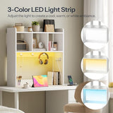 HOOBRO Desktop Bookshelf, Office Desktop Shelf, Desk Hutch with Outlets, Wooden Office Desktop Bookcase, Desktop Organizer Shelf with LED Light Strip and 3 Hooks, for Home, Study, White WT12UDSJ01 HOOBRO