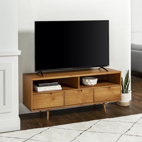 Walker Edison 3-Drawer Mid Century Modern Wood TV Stand for TV's up to 65" Flat Screen Cabinet Door Living Room Storage Entertainment Center, 58 Inch, Caramel - WoodArtSupply