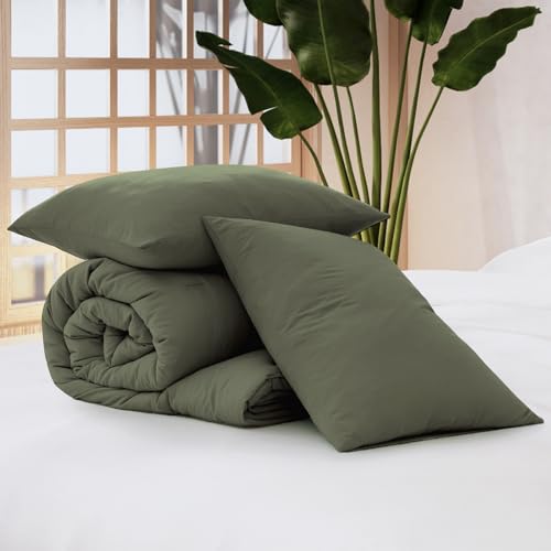 WRENSONGE Queen Comforter Set - 3 Pieces Prewashed Olive Green Comforter Soft Lightweight for All Seasons,Down Alternative Comforters Queen Size with 2 Pillow Shams WRENSONGE