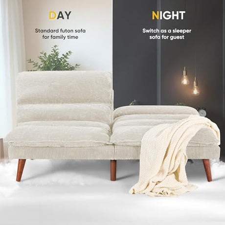 Flamaker Convertible Futon Sofa Bed Futon Couch with Adjustable Back Upholstered Sleeper Sofa Bed for Living Room Furniture (Corduroy, White) Flamaker