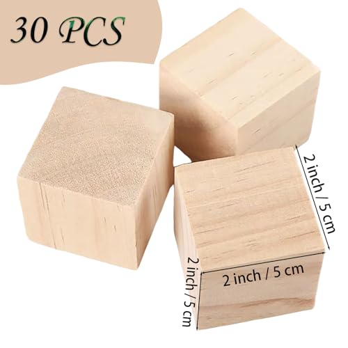 Cheardia 30 Pack 2 Inch Wooden Blocks for Crafts, Unfinished Wood Cubes Square Blank Block for Crafts Making, DIY Decor Cheardia