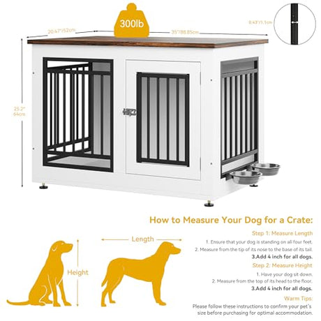 DWVO Dog Crate Furniture with Adjustable Feet & Removable Bowls, 35 Inch Dog Kennel Indoor Furniture End Table for Dogs, Modern Decorative Wooden Cage, Chew-Resistant, White DWVO
