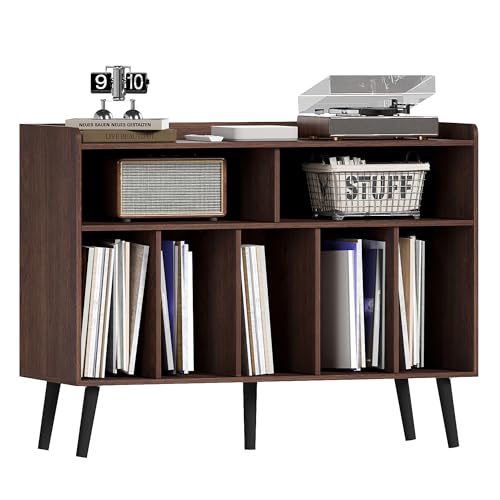 ChooChoo Record Player Stand, Turntable Stand with Vinyl Storage, Record Player Cabinet Up to 350 Albums, Cube Storage Organizer for Living Room, Walnut ChooChoo