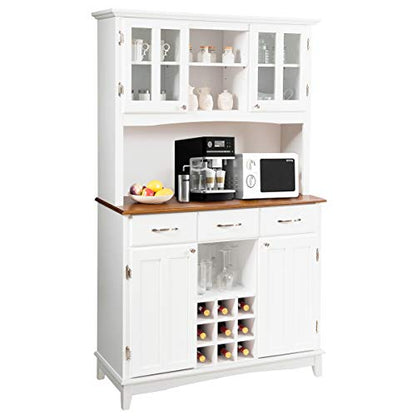 Giantex Buffet Hutch Cabinet, Kitchen Hutch Sideboard, Buffet Cabinet on Storage Island, Wood Kitchenware Server with 3 Large Drawers and 9 Wine Bottle Modules (White) - WoodArtSupply