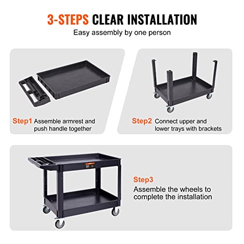 VEVOR Utility Service Cart, 2 Shelf 550LBS Heavy Duty Plastic Rolling Utility Cart with 360° Swivel Wheels (2 with Brakes), Large Lipped Shelf, - WoodArtSupply