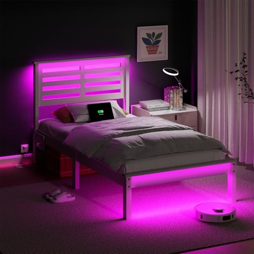 VINGLI LED Twin Bed Frame Set of 2 Solid Wood Platform Single Bed with Headboard USB Charging Station,Panel Bed, Wood Slat Support Mattress Foundation, White VINGLI