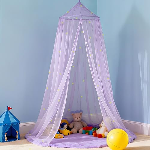 LionLively Purple Bed Canopy for Girls with Glow-in-The-Dark Stars, Princess Canopy Curtains Fits Single, Twin, Full, Queen Size Bed, Bedroom Accessories, Ceiling Tent