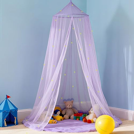 LionLively Purple Bed Canopy for Girls with Glow-in-The-Dark Stars, Princess Canopy Curtains Fits Single, Twin, Full, Queen Size Bed, Bedroom Accessories, Ceiling Tent LionLively