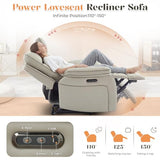 RIHEREFY Power Reclining Loveseat with LED Reading Light, Breathable Leather Loveseat Recliner Sofa RV Wall Hugger Double Recliners with Bluetooth Speaker/Drawer/USB/Type C (Gray, 2 Seater)