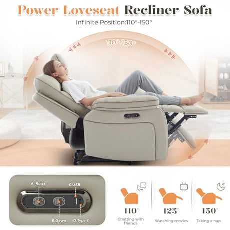 RIHEREFY Power Reclining Loveseat with LED Reading Light, Breathable Leather Loveseat Recliner Sofa RV Wall Hugger Double Recliners with Bluetooth Speaker/Drawer/USB/Type C (Gray, 2 Seater) RIHEREFY