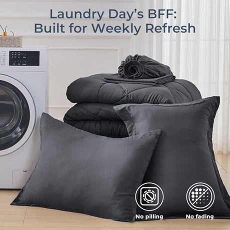HEVUMYI Twin Comforter Set - 5-Piece All Season Bed in a Bag Twin, Ultra Soft Bedding Set with Comforter, Flat Sheet, Fitted Sheet, Pillowcases, Pillow Shams, Dark Grey HEVUMYI