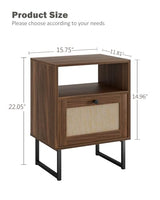 Apetaccat Rattan Nightstand, Boho Night Stand Farmhouse Wood Bedside Table with Storage and Open Shelf, End Side Accent Table for Bedroom,Living Room,Walnut Apetaccat