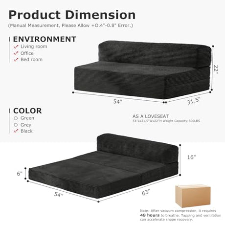 NLDD Folding Futon Sofa Bed Full Size, 6 inch Convertible Floor Couch Bed with Removable Corduroy Cover, Pull Out Couch for Small Spaces High-Density Foam,Black NLDD