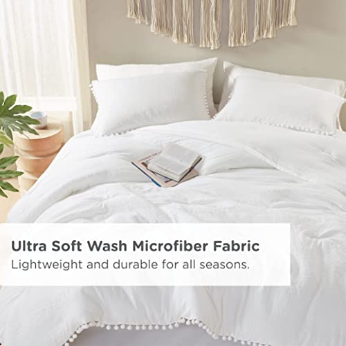 Codi White Boho Twin Comforter Set for Girls, Aesthetic Luxurious Pom Fringe Design Bedding,Cute Soft Washed Microfiber Bed Sets, Lightweight Chic,1 Comforter & 1 Pillowcase Codi