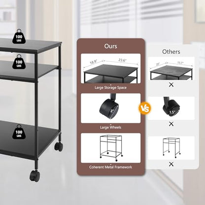 EMERIT Large Printer Stand, 23.6" W x 18.9" D x 31.5" H Printer Table with Adjustable Storage Shelf, 3 Tier Rolling Laser Printer Cart with Wheels for Home Office- Support 100 LBS Each Tier