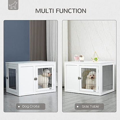 PawHut Dog Crate Furniture Wire Indoor Pet Kennel Cage, End Table with Double Doors, Locks for Small and Medium Dog House, White - WoodArtSupply