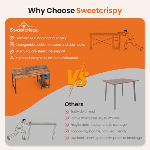 Sweetcrispy 40 Inch Computer Desk with Drawers for Home Office, Writing Desk with X-Shaped Reinforcement, Wood Table with Adjustable Position Drawers, Modern Study Work Table with Side Hook, Rust Sweetcrispy