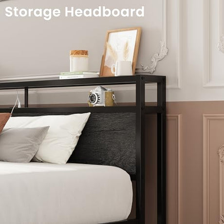 LIKIMIO King Size Bed Frame with 4 Storage Drawers, 2-Tier Storage Headboard with Charging Station, Double Bed Frame King Size for Bedroom, No Box Spring Needed, Easy Assembly, Charcoal Grey LIKIMIO